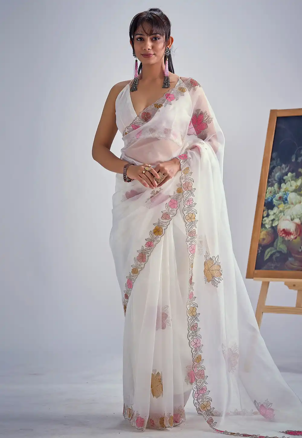 White Organza Saree With Blouse 327562