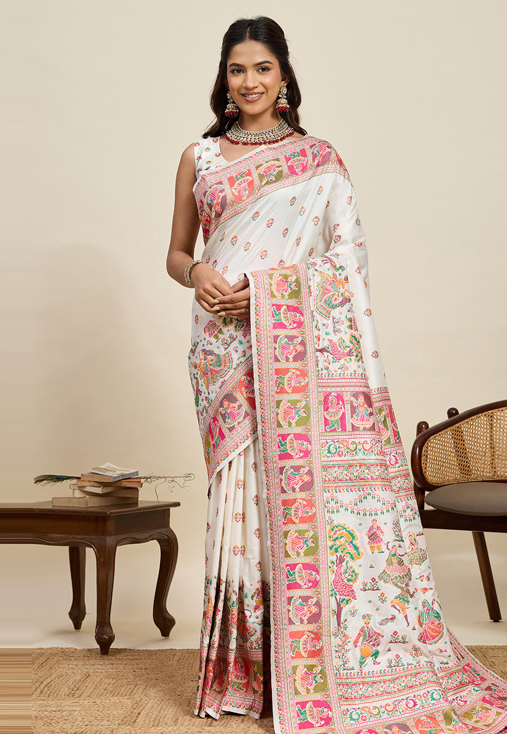 White Pashmina Saree With Blouse 323029