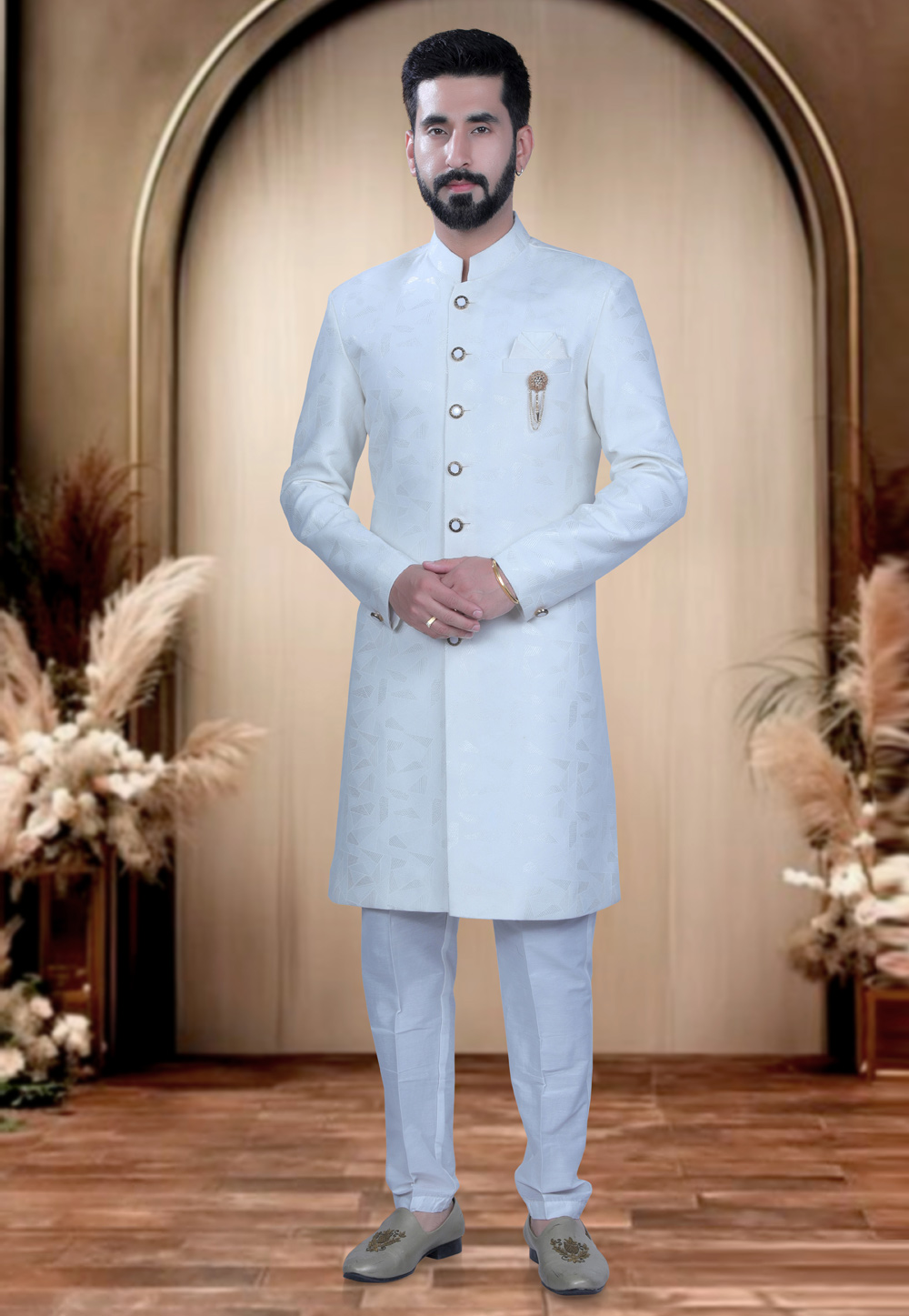 White Rayon Achkan Style Sherwani 319691