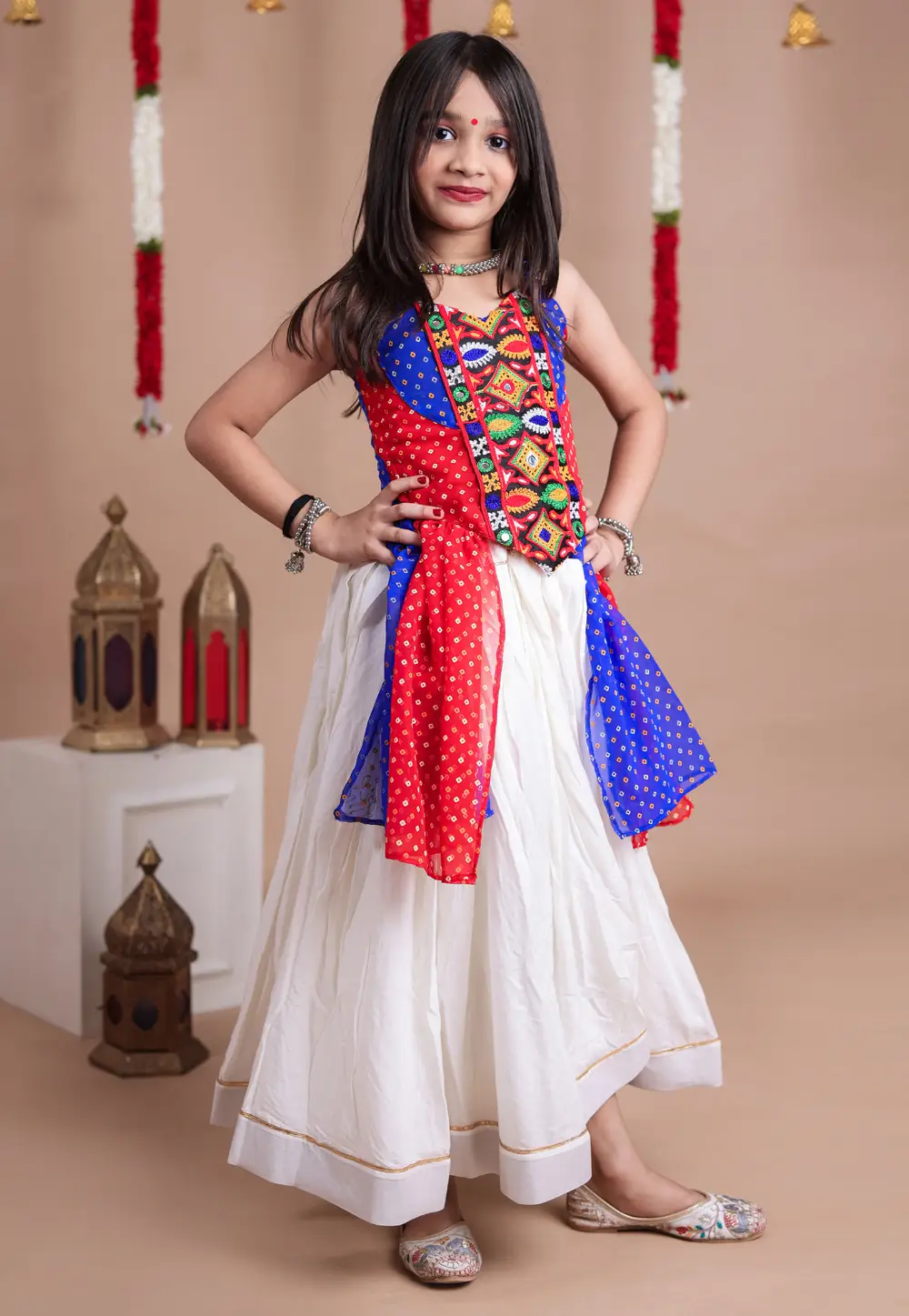 White Rayon Girls Navratri Lehenga Choli 335706