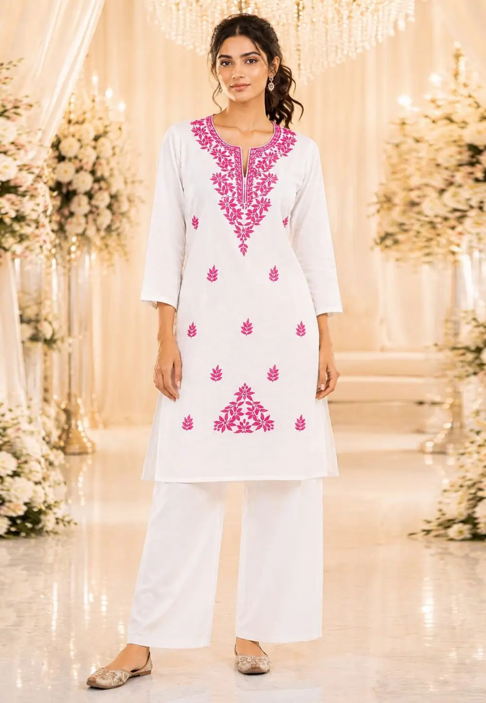 White Rayon Kurta Set With Palazzo 330953