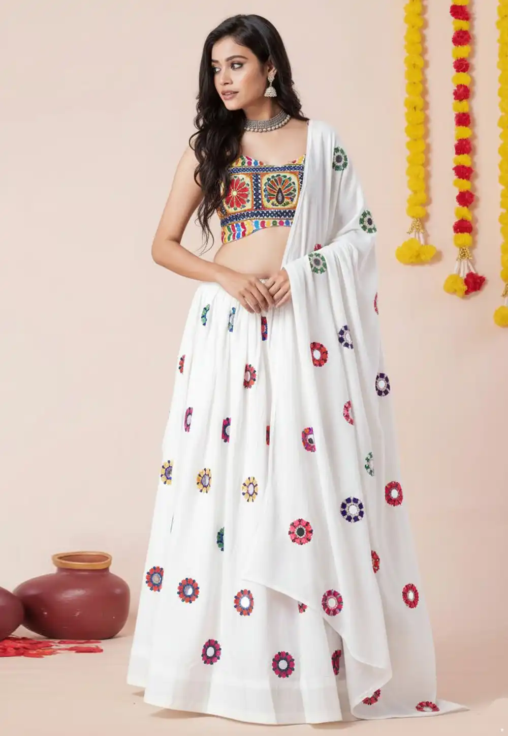 White Rayon Navratri Chaniya Choli 327829