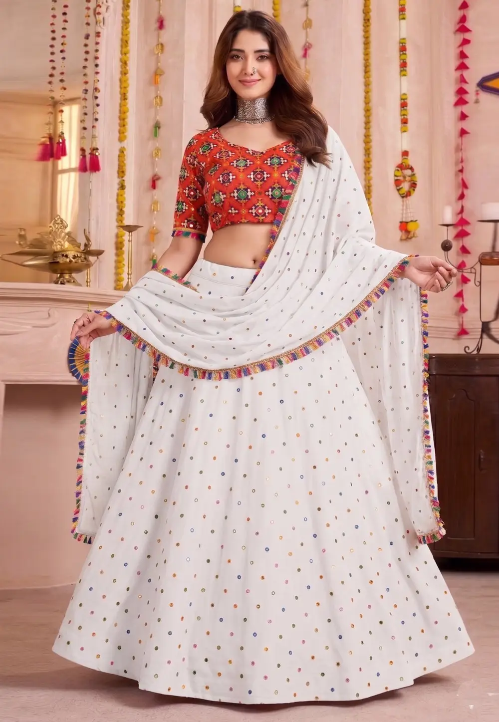 White Rayon Navratri Chaniya Choli 333957