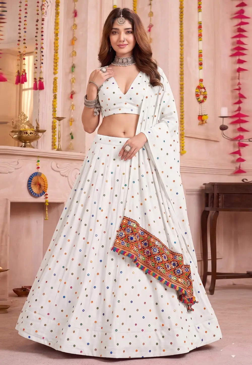 White Rayon Navratri Chaniya Choli 333963