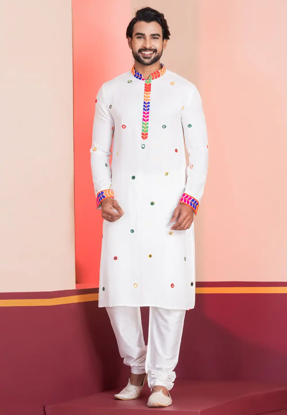 White Rayon Navratri Kurta Pajama 315579
