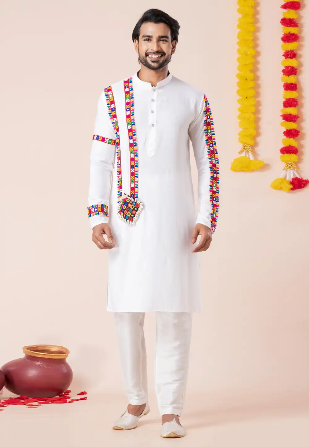 White Rayon Navratri Kurta Pajama 315889