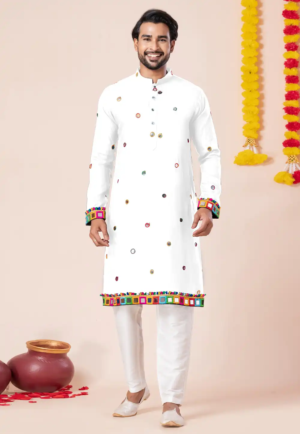 White Rayon Navratri Kurta Pajama 315908