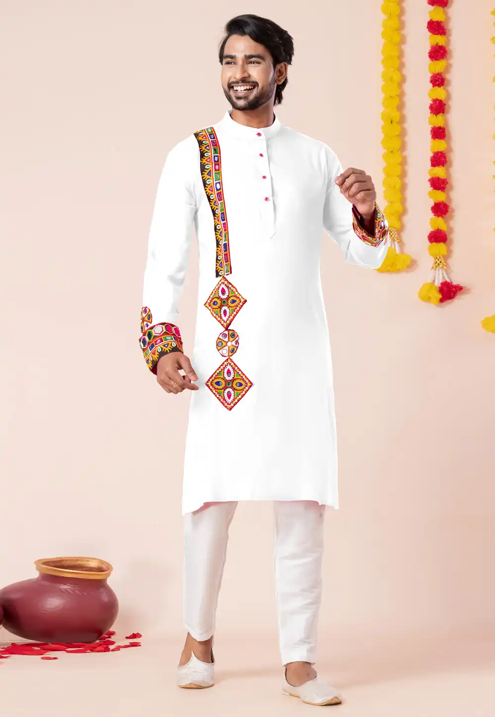 White Rayon Navratri Kurta Pajama 315926