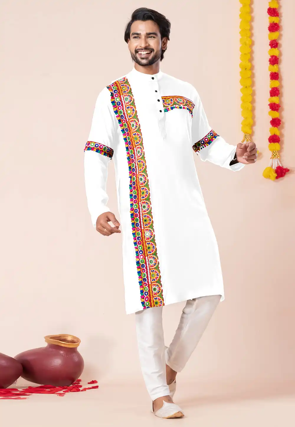 White Rayon Navratri Kurta Pajama 315932
