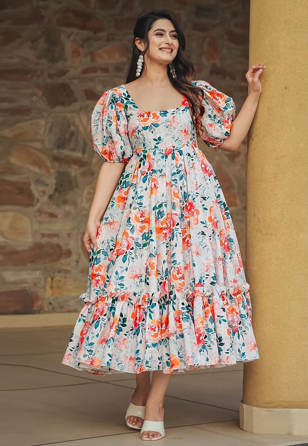 White Rayon Printed Gown 308688