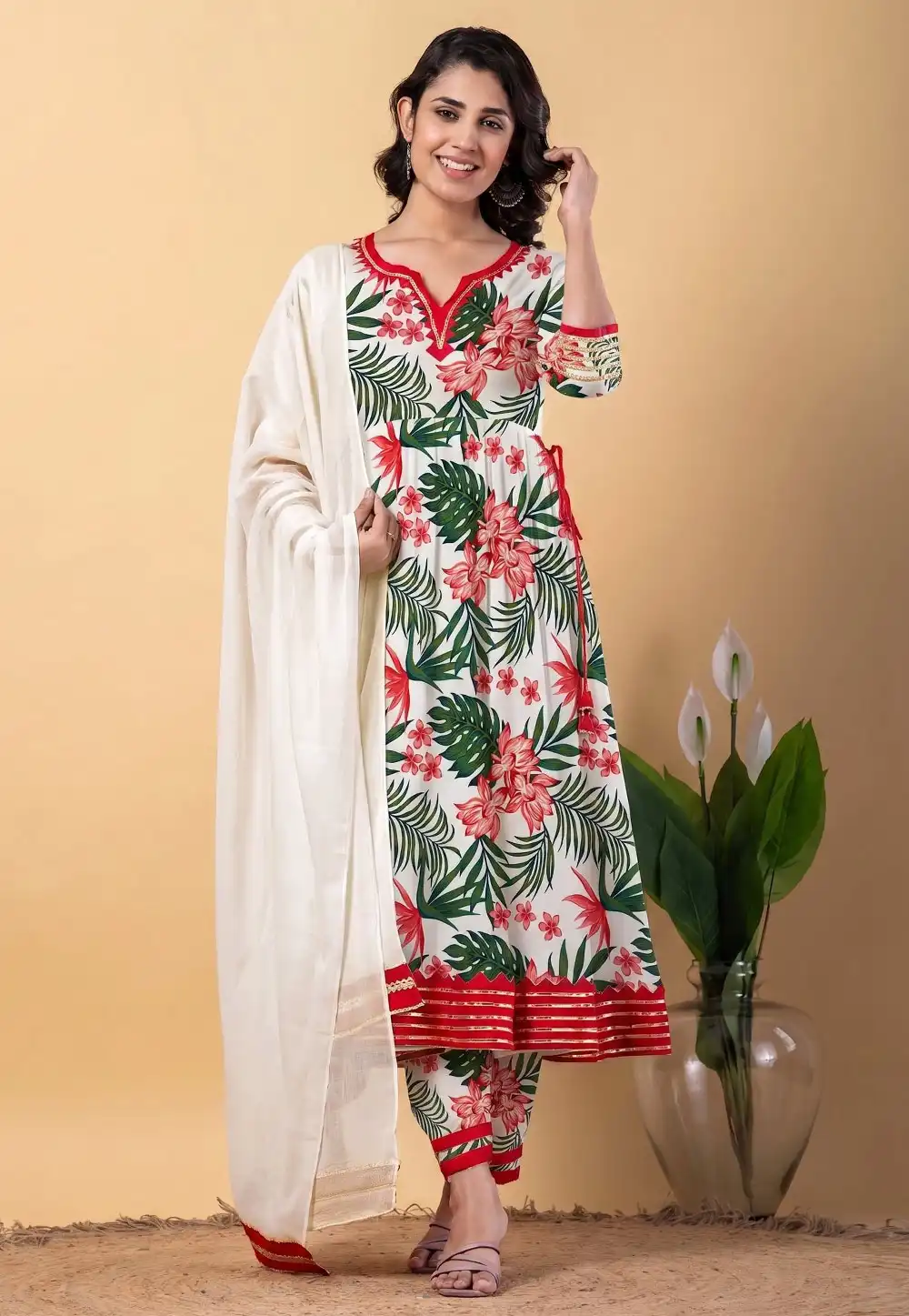 White Rayon Readymade Anarkali Suit 330302