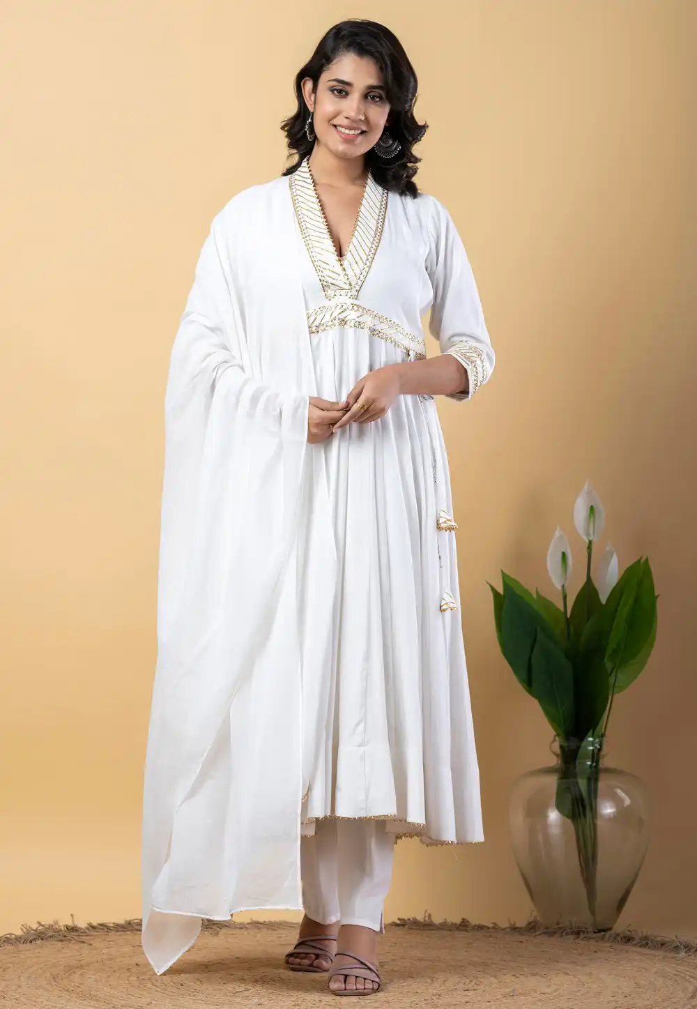White Rayon Readymade Anarkali Suit 306190