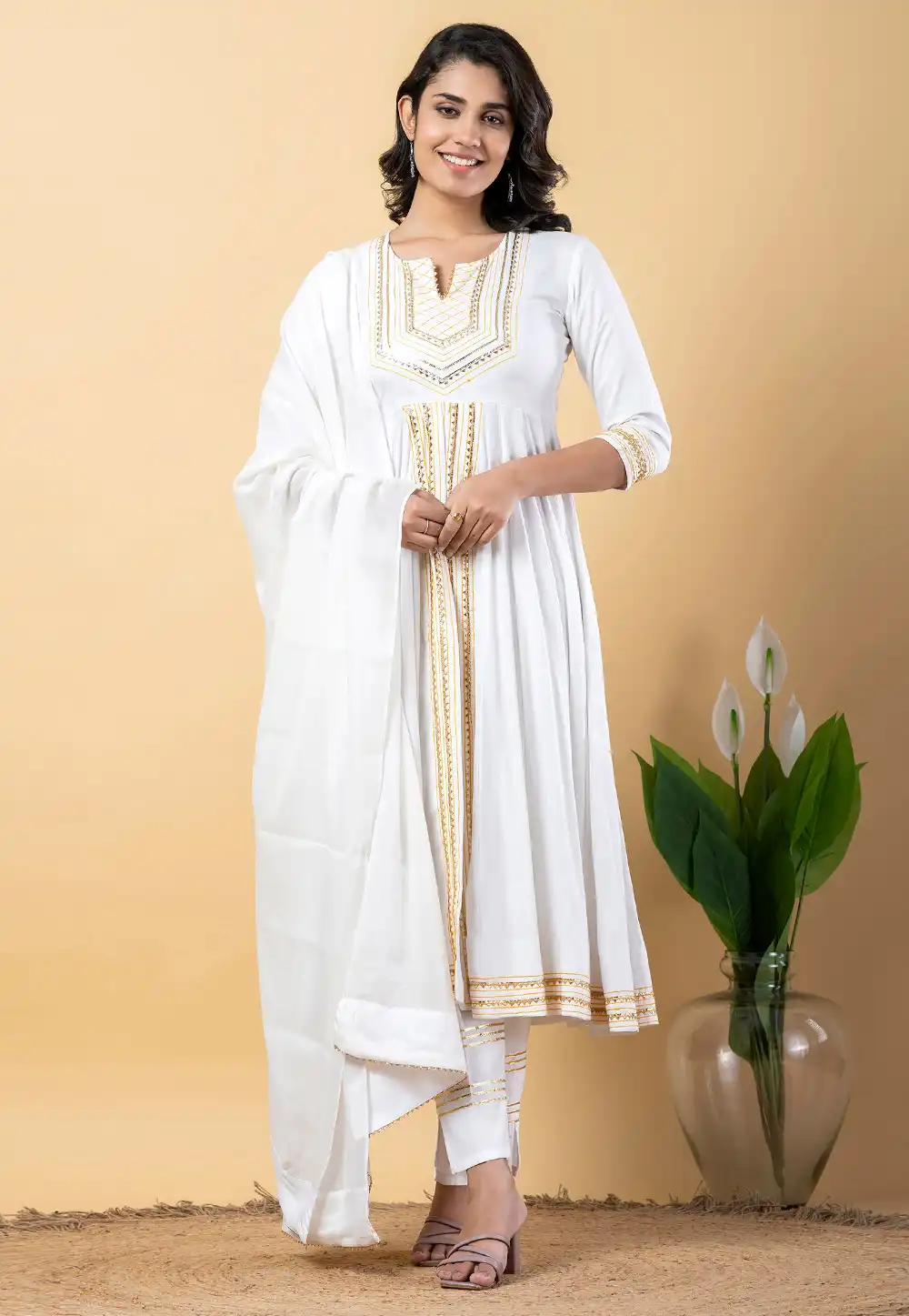 White Rayon Readymade Center Slit Anarkali Suit 309284