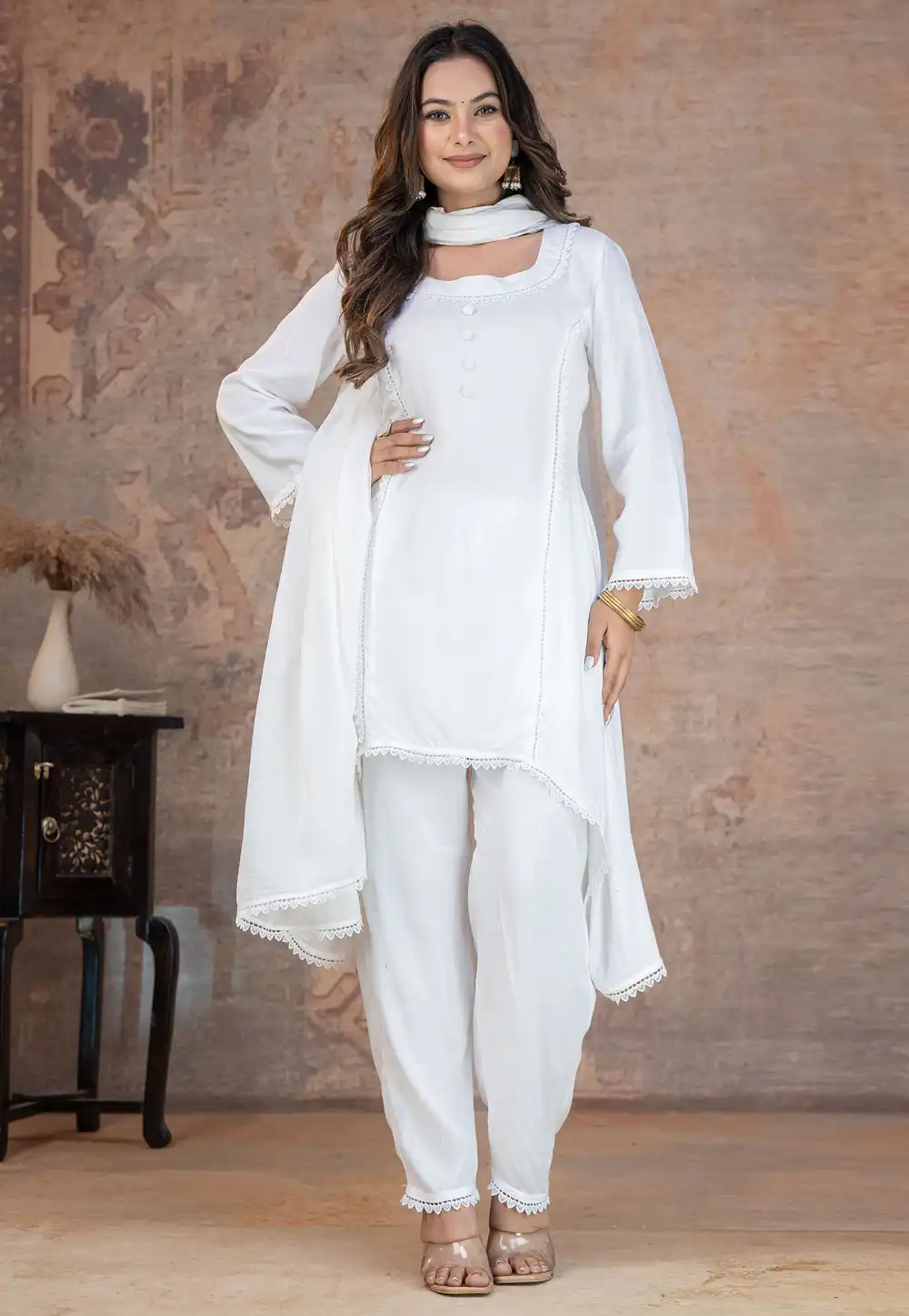 White Rayon Readymade Pant Style Suit 325458