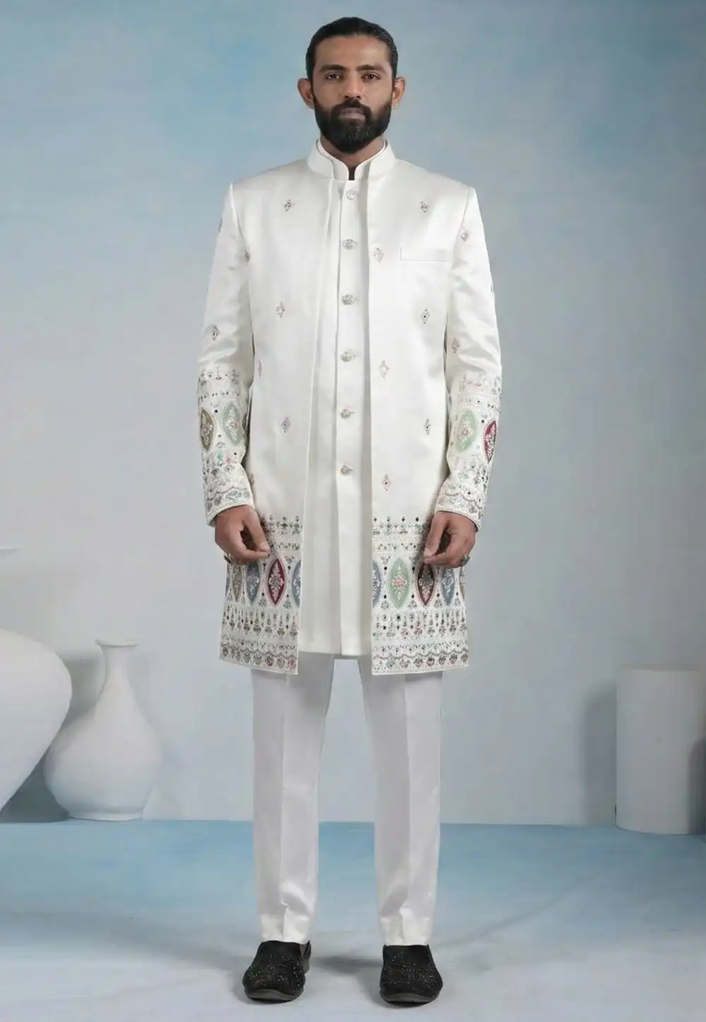 White Satin Indo Western Suit 324102