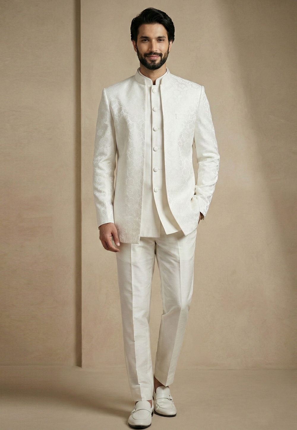 White Satin Jodhpuri Suit 324113