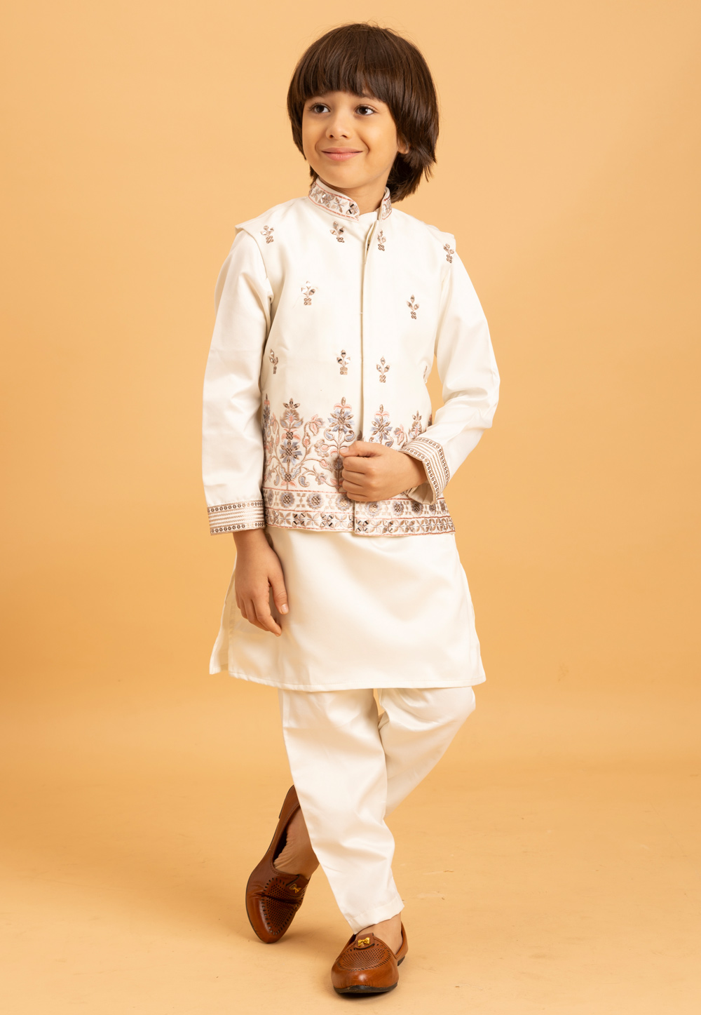 White Satin Kids Kurta Pajama With Jacket 319218