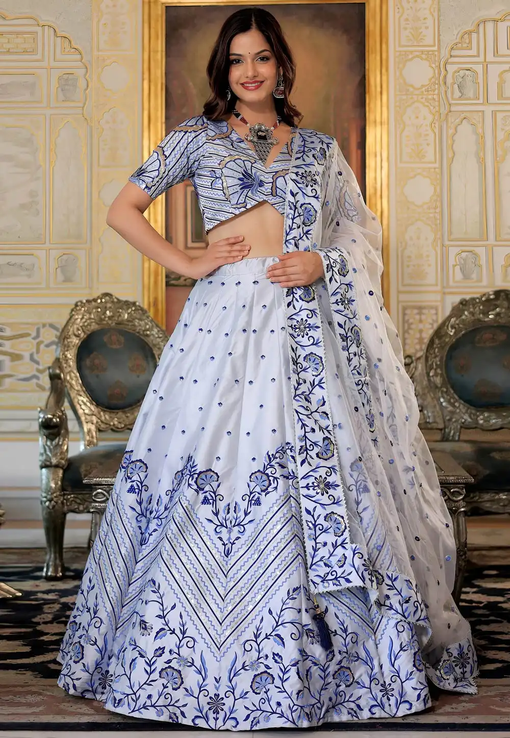 White Satin Lehenga Choli 316013
