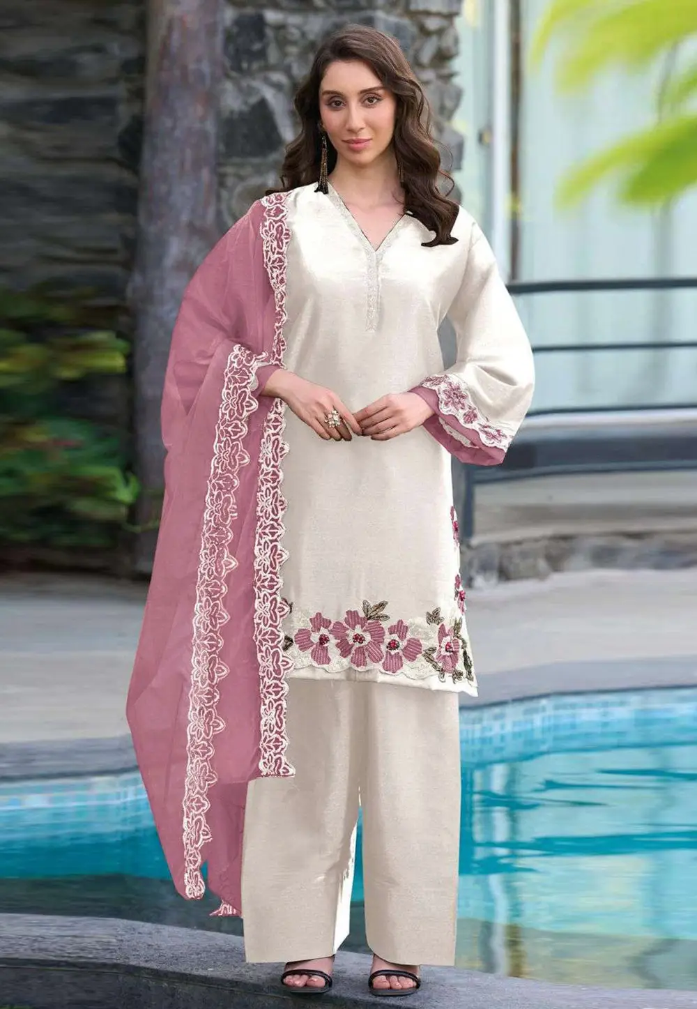 White Satin Pakistani Suit 331333