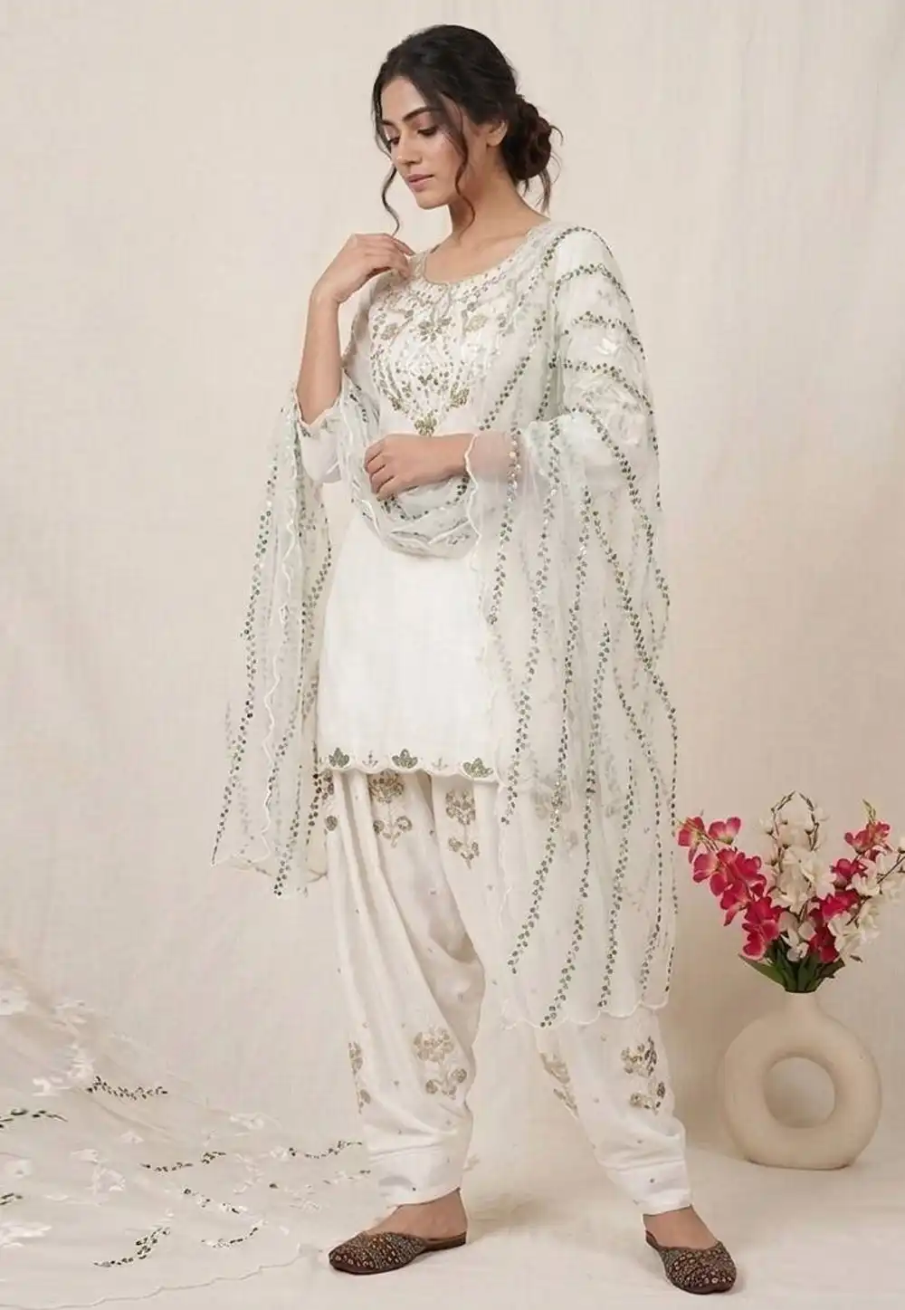White Satin Readymade Punjabi Suit 329822