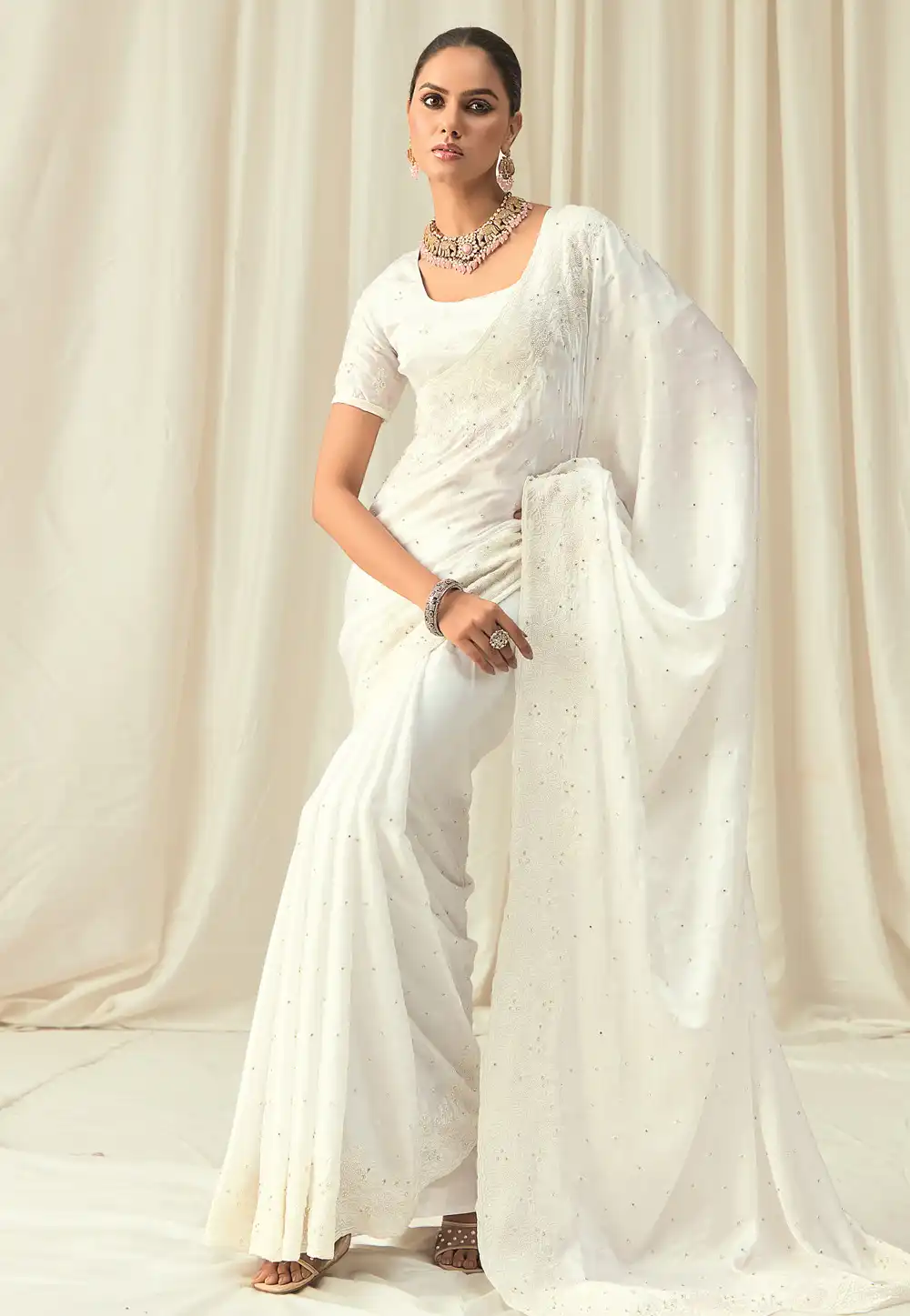 White Satin Saree With Blouse 315506