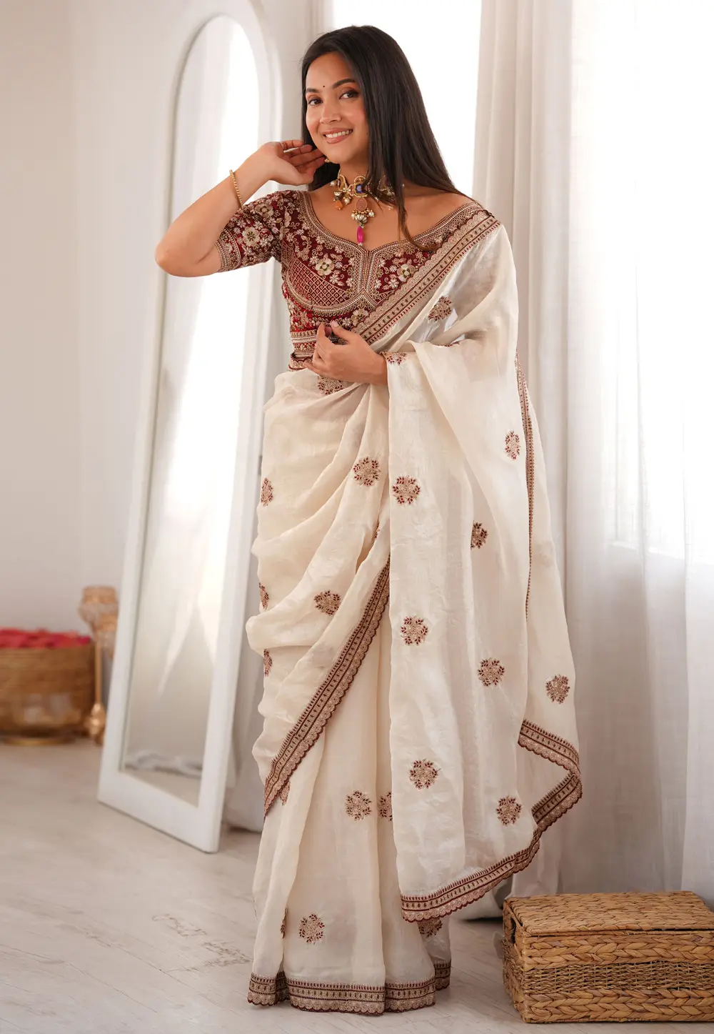 White Satin Saree With Blouse 332426