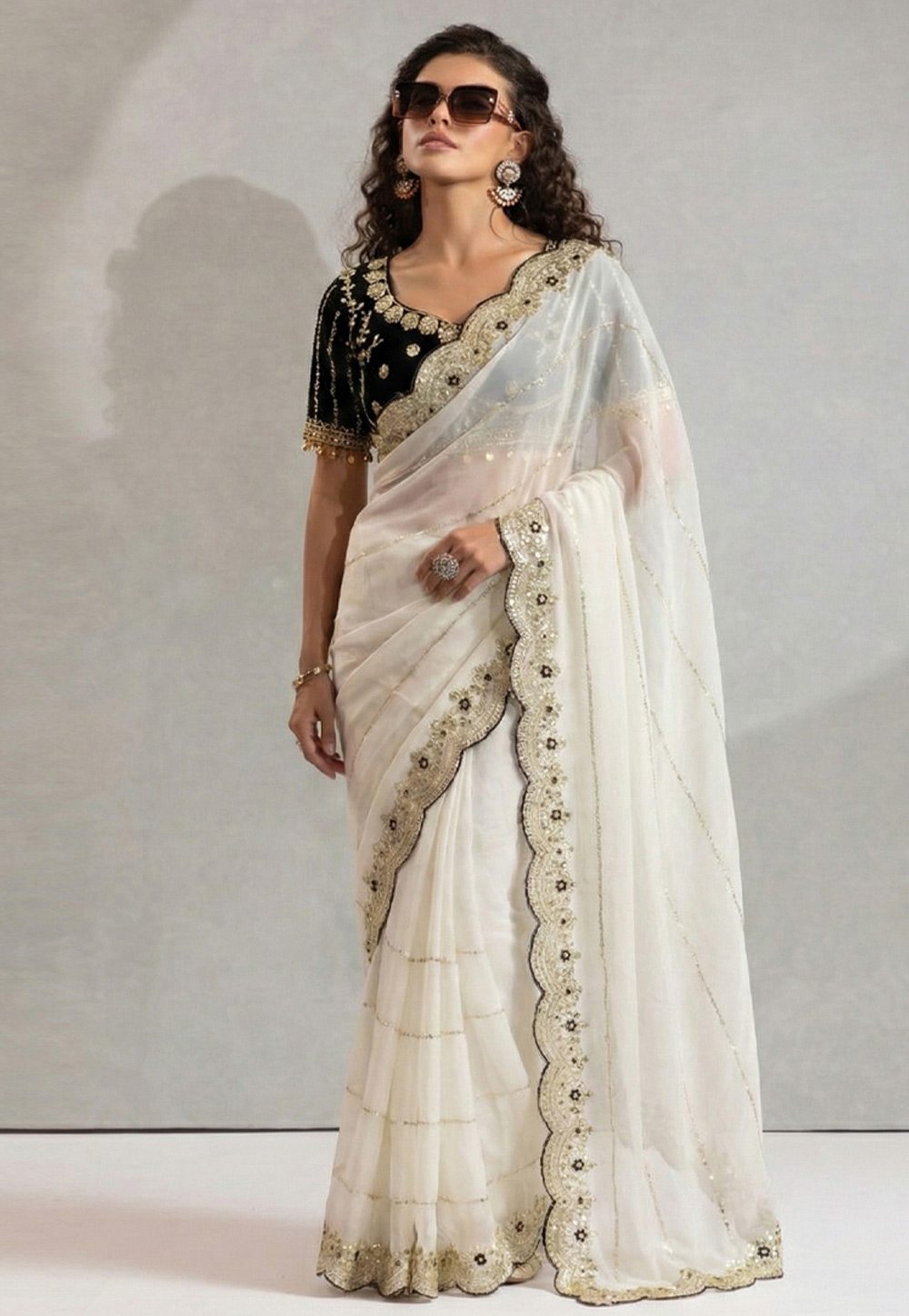 White Satin Saree With Blouse 330094
