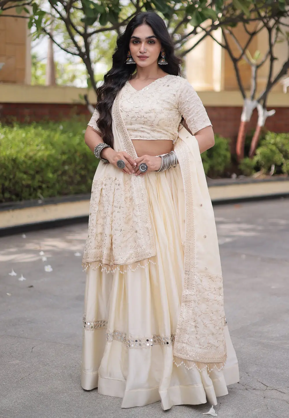 White Satin Silk Circular Lehenga Choli 332994