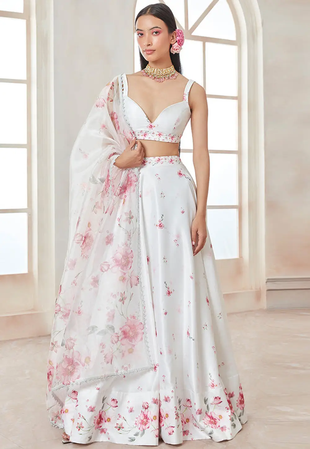 White Satin Silk Floral print Lehenga Choli 333548