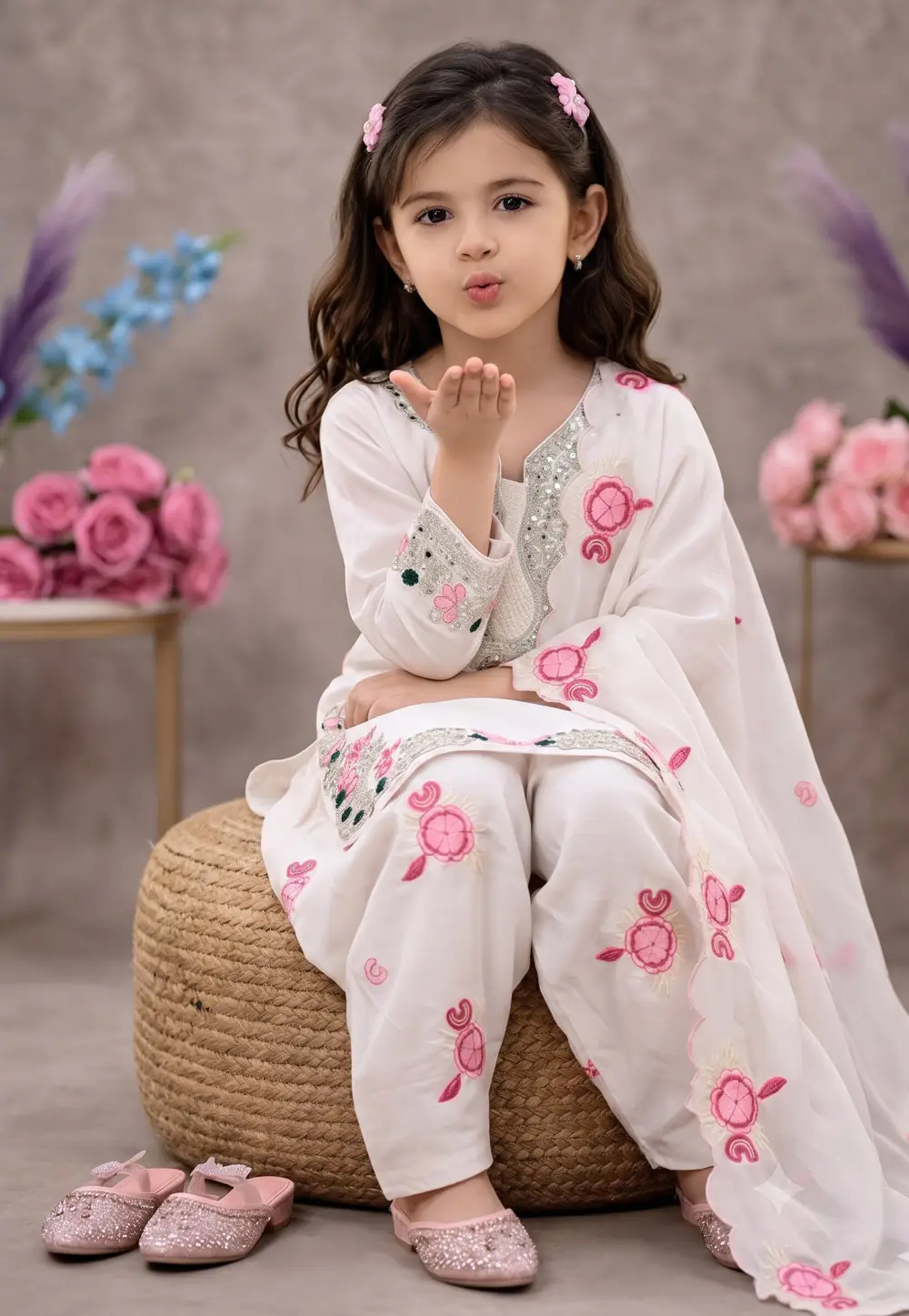 White Satin Silk Girls Punjabi Suit 336857