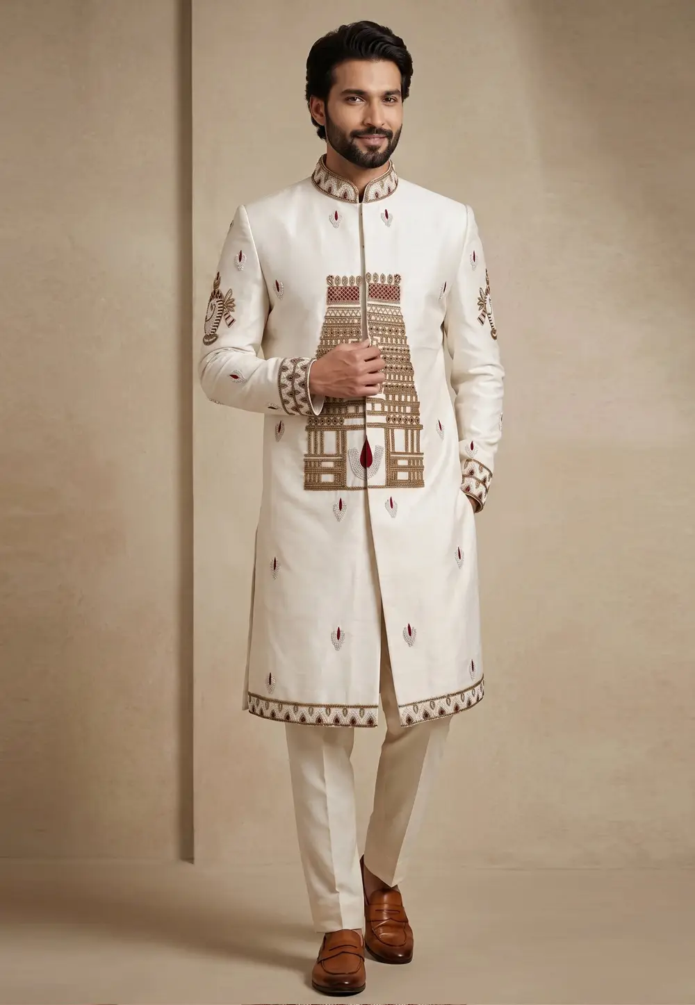 White Satin Silk Indo Western Sherwani 331249