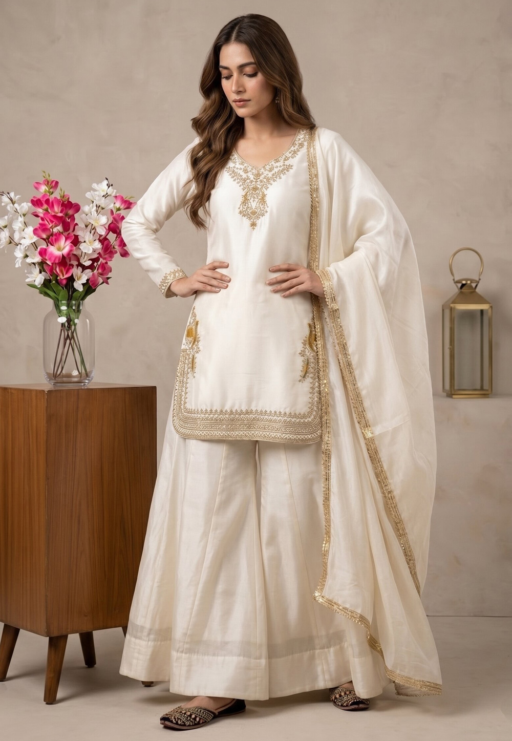 White Satin Silk Readymade Palazzo Suit 330349