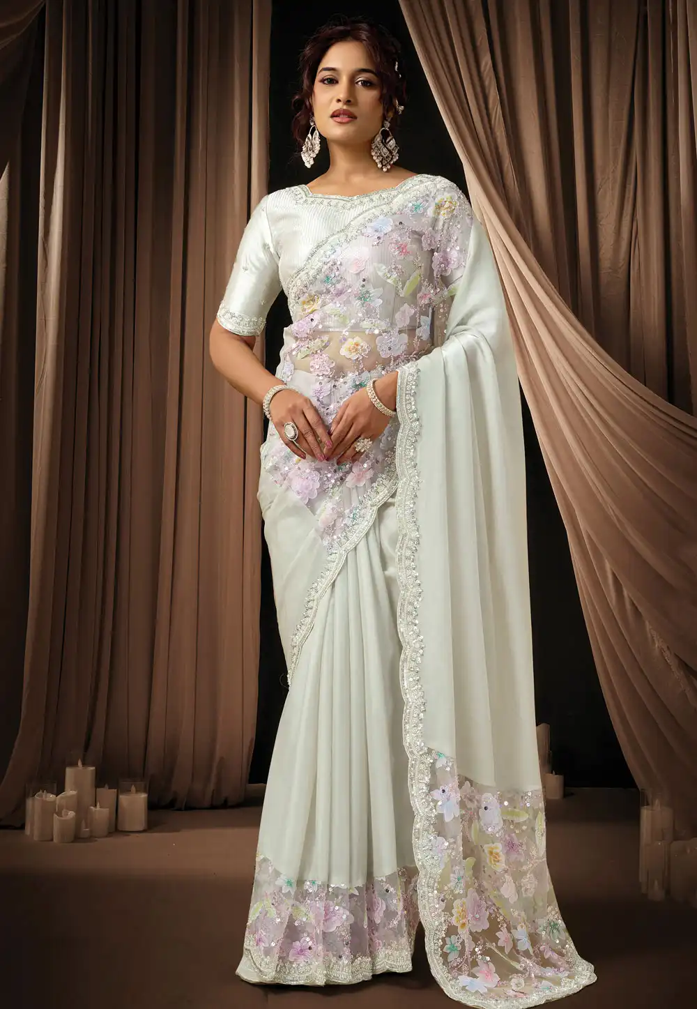 White Satin Silk Saree With Blouse 325754