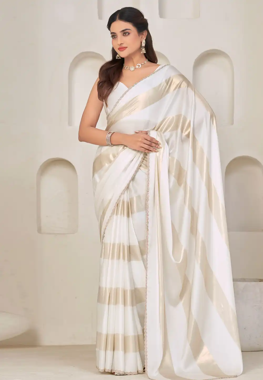 White Satin Silk Saree With Blouse 328086