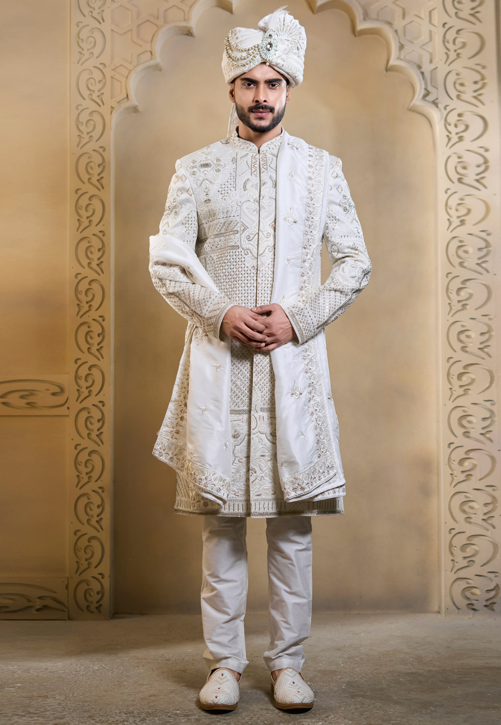 White Silk Achkan Style Sherwani 322495
