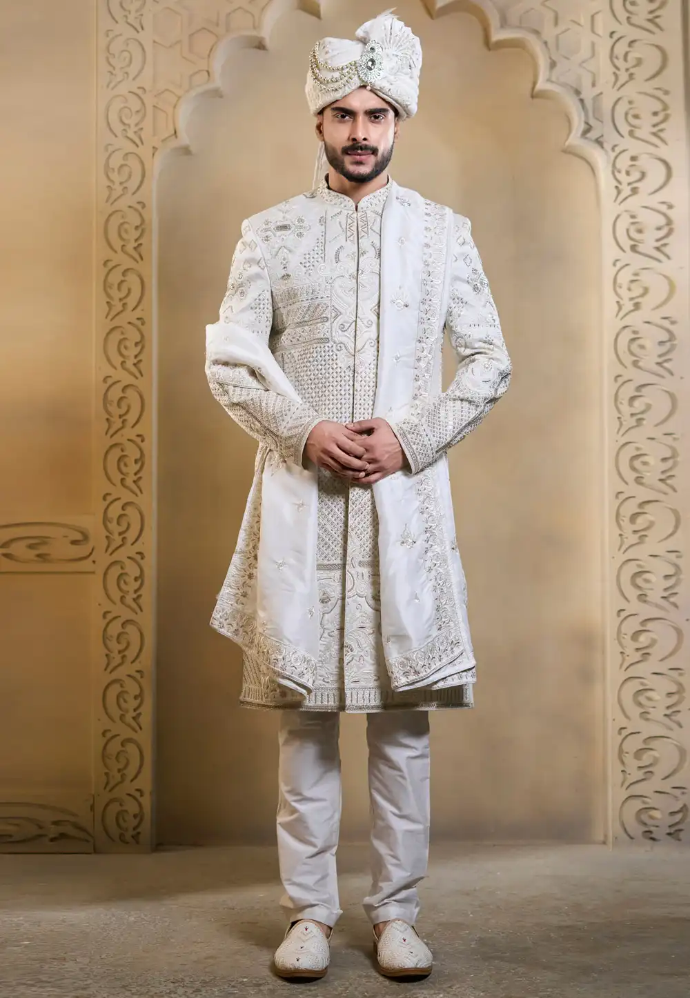 White Silk Achkan Style Sherwani 322495