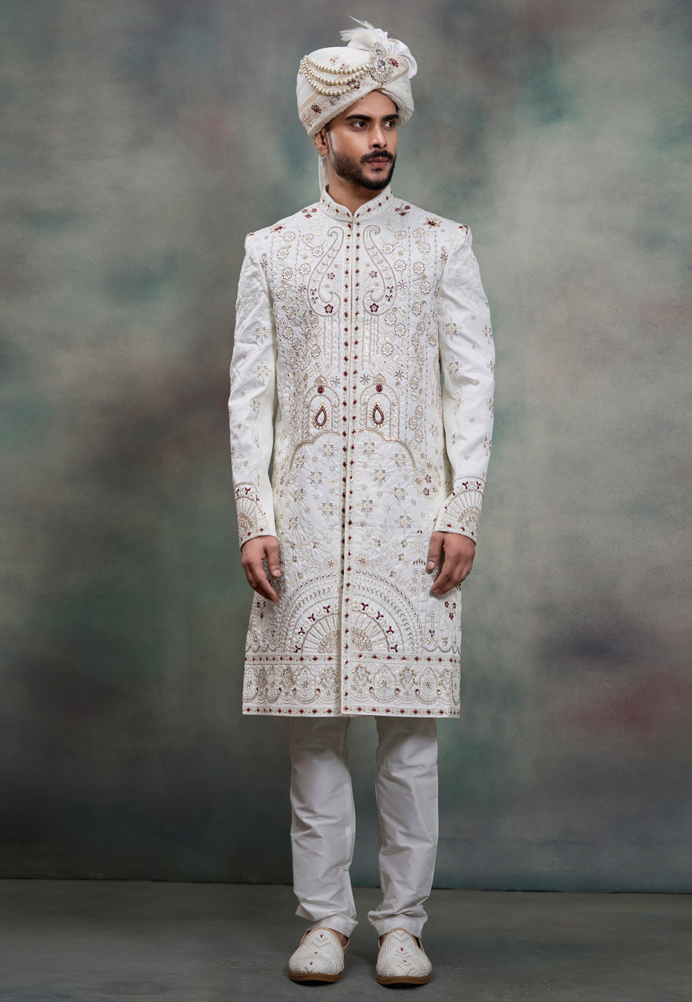 White Silk Achkan Style Sherwani 322497