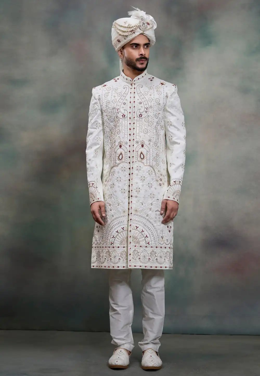 White Silk Achkan Style Sherwani 322497