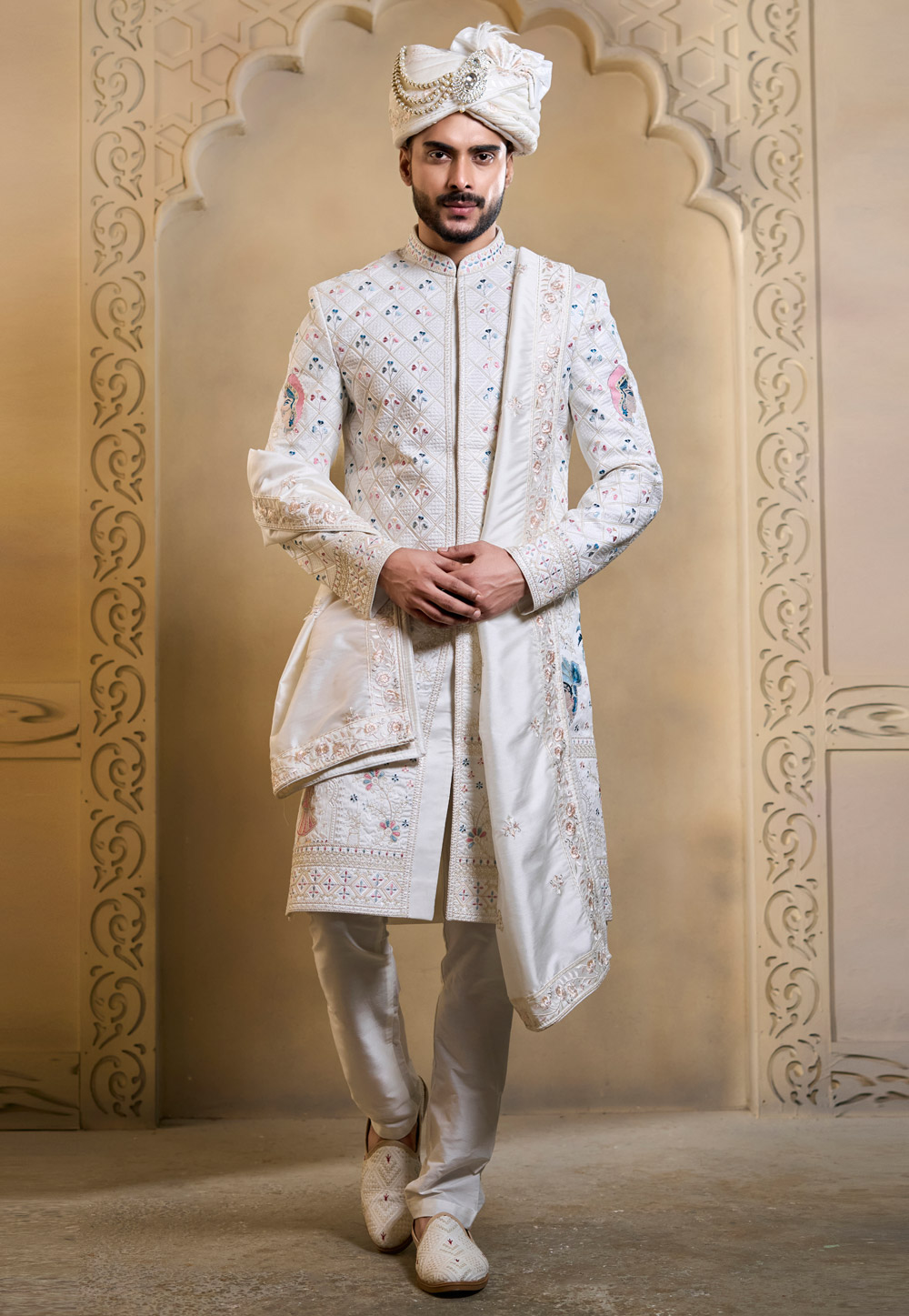 White Silk Achkan Style Sherwani 322499