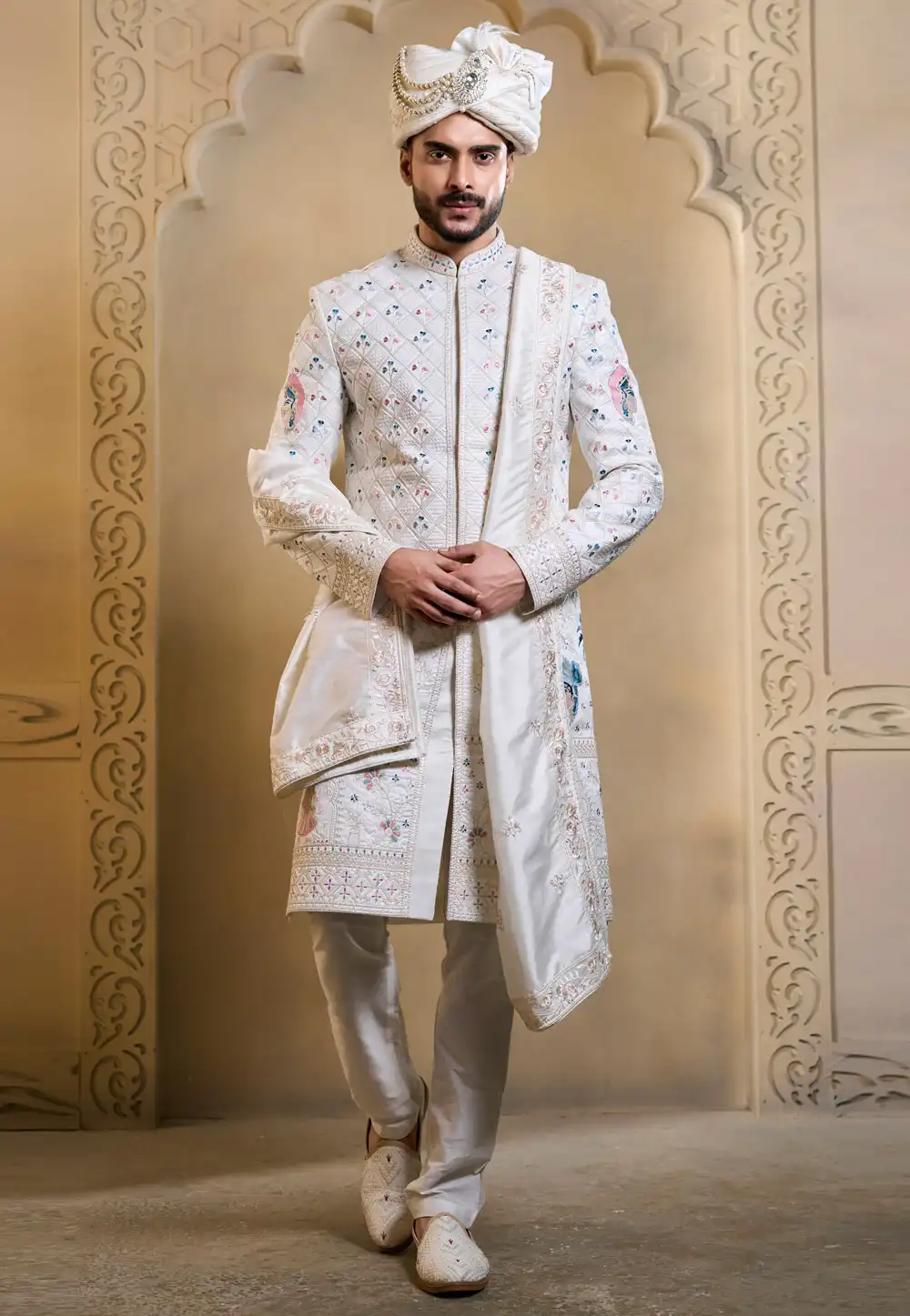 White Silk Achkan Style Sherwani 322499