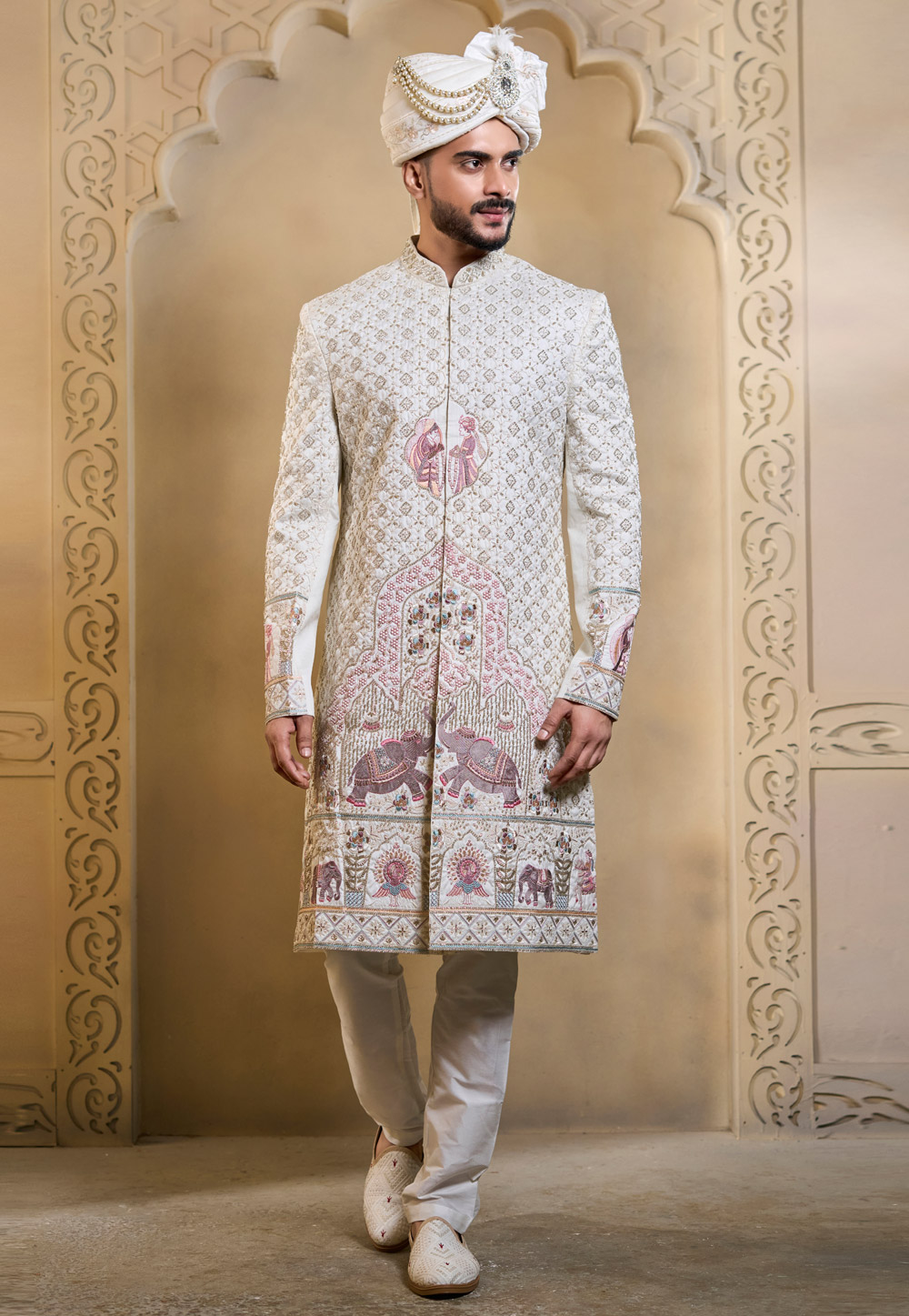 White Silk Achkan Style Sherwani 322500
