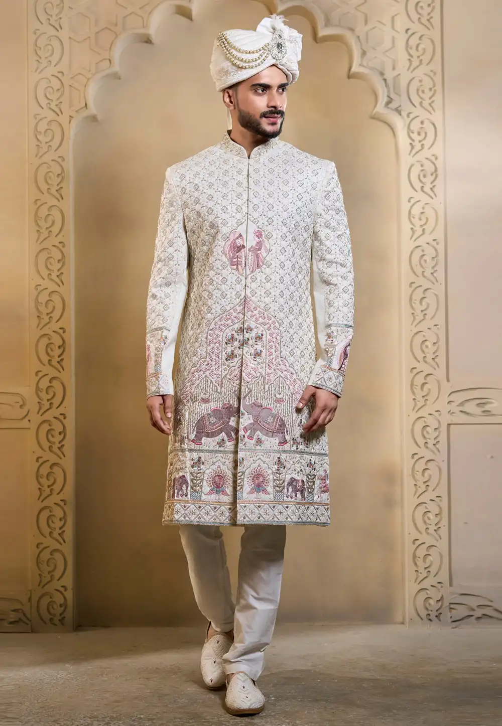 White Silk Achkan Style Sherwani 322500