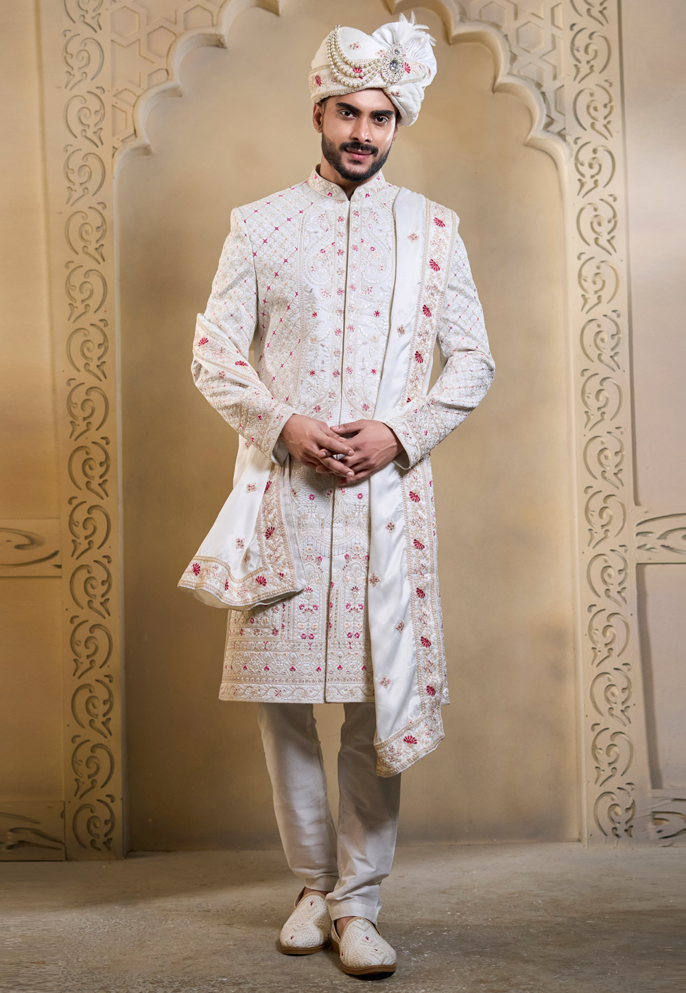White Silk Achkan Style Sherwani 322503