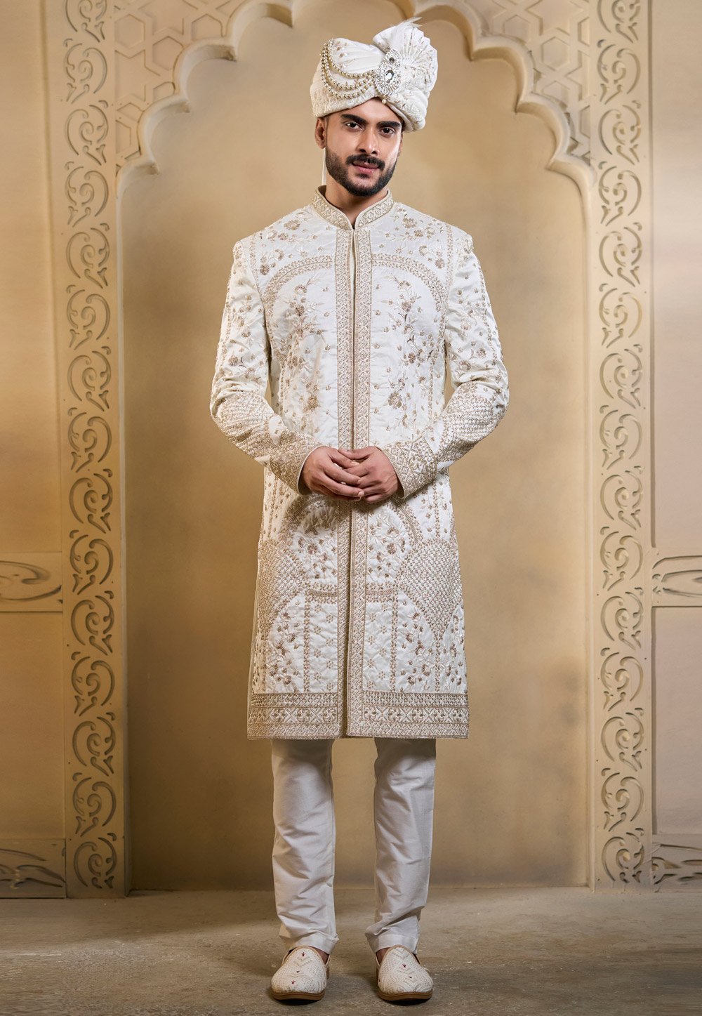 White Silk Achkan Style Sherwani 322505