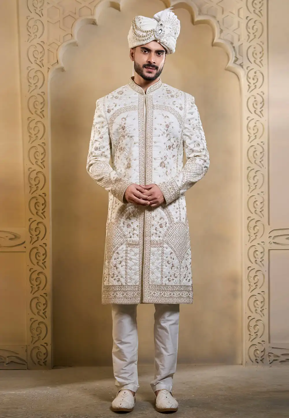 White Silk Achkan Style Sherwani 322505