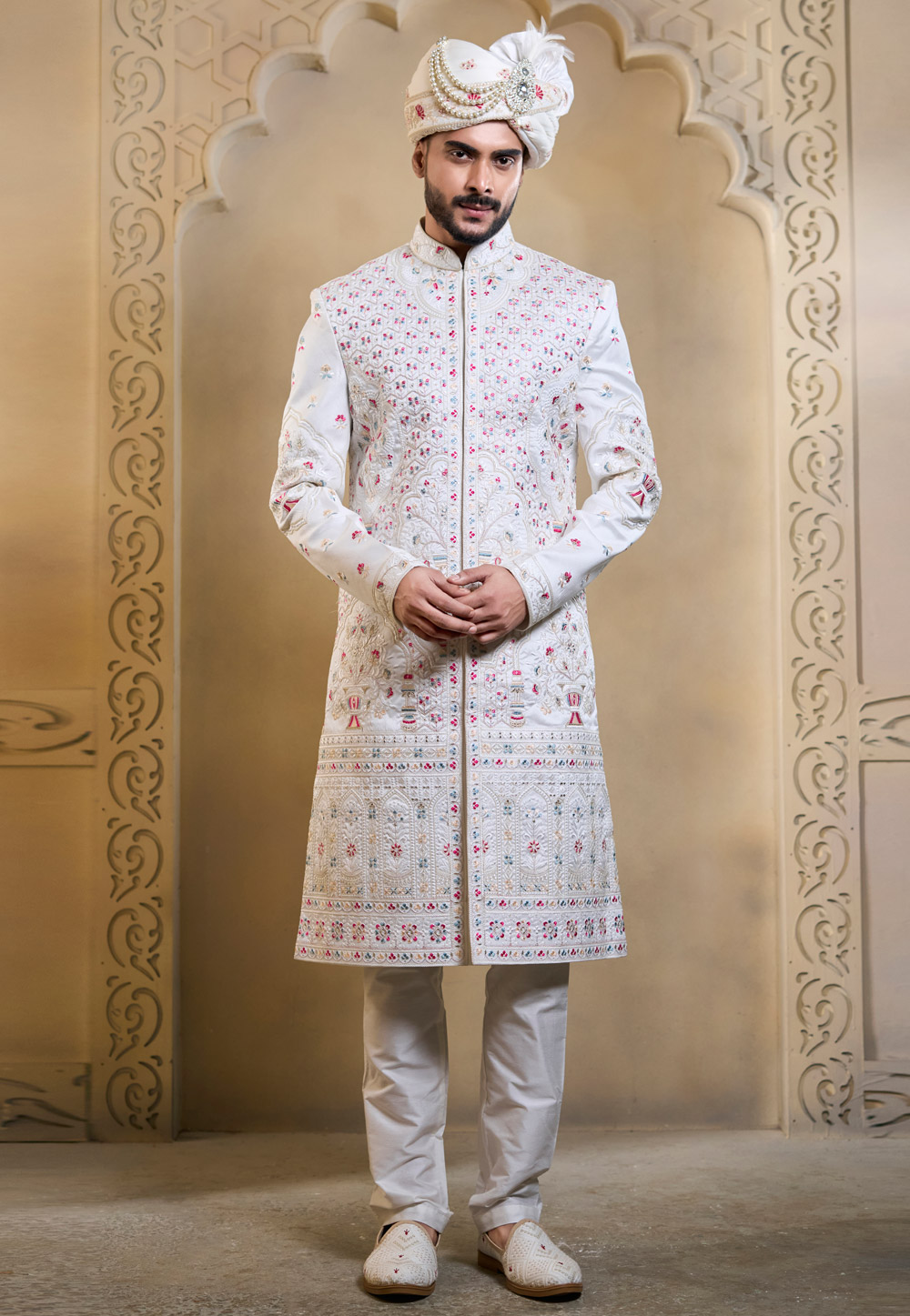 White Silk Achkan Style Sherwani 322506