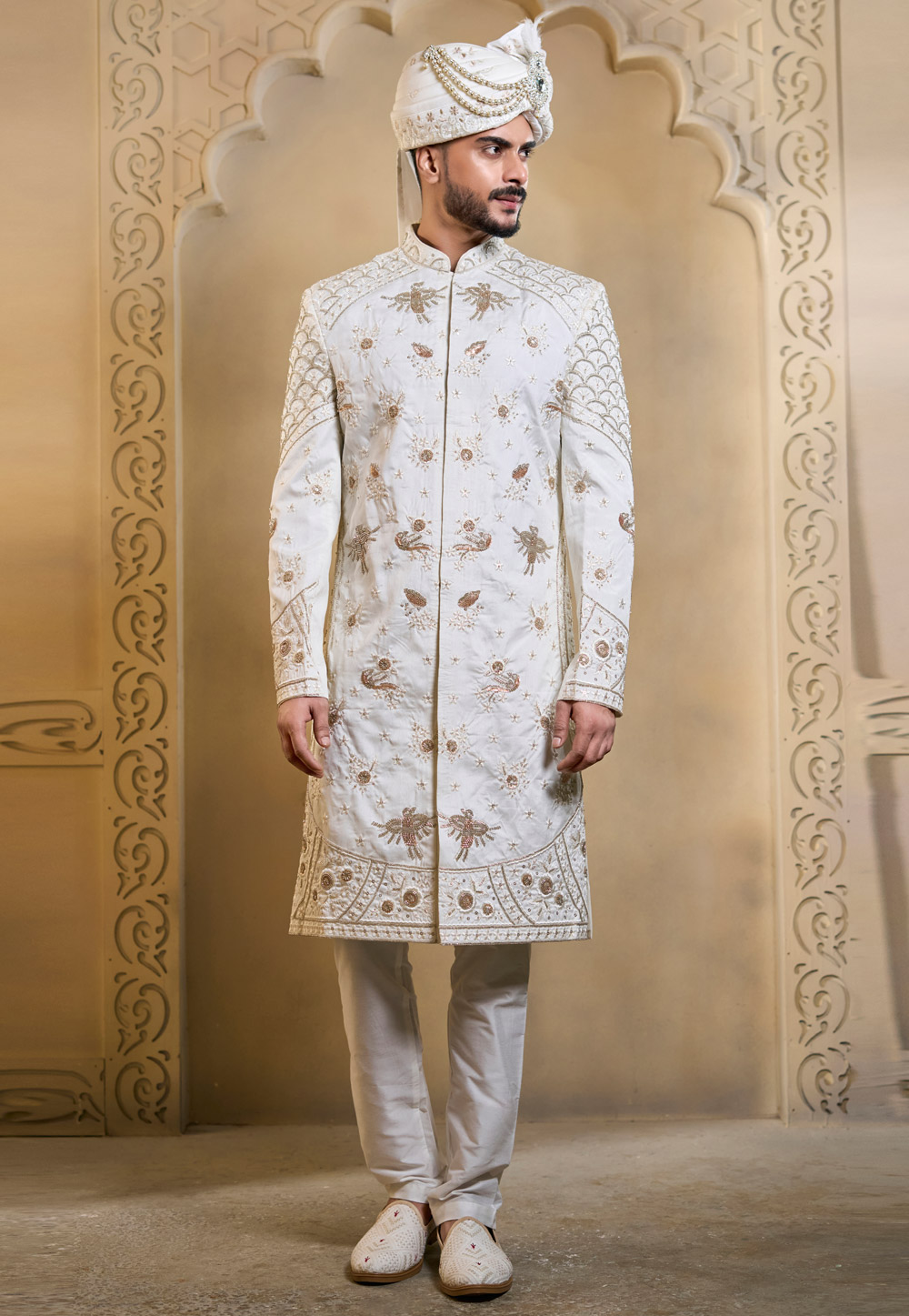 White Silk Achkan Style Sherwani 322509
