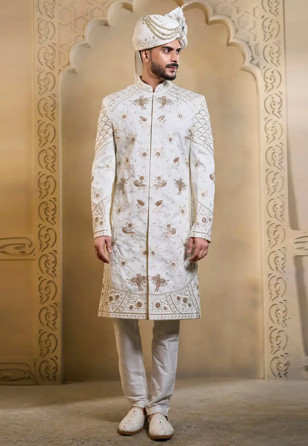 White Silk Achkan Style Sherwani 322509