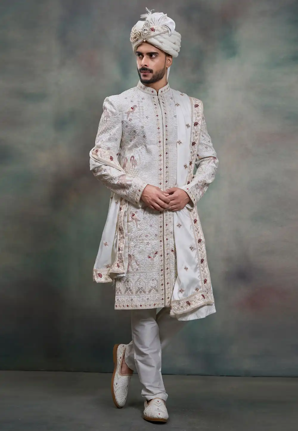 White Silk Achkan Style Sherwani 322512