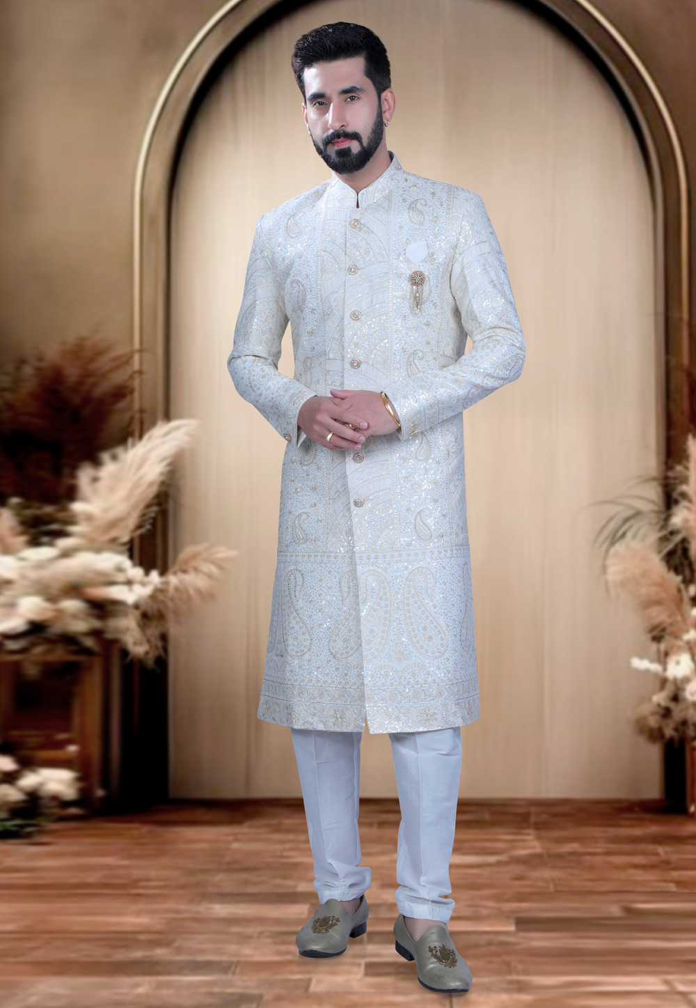 White Silk Achkan Style Sherwani 319654